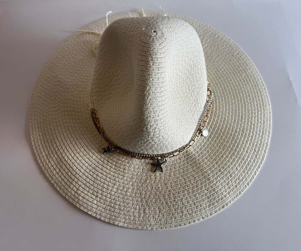 CoastalStyle Ivory Wide Brim Straw Sun Hat, Lightweight Chain Rhinestone